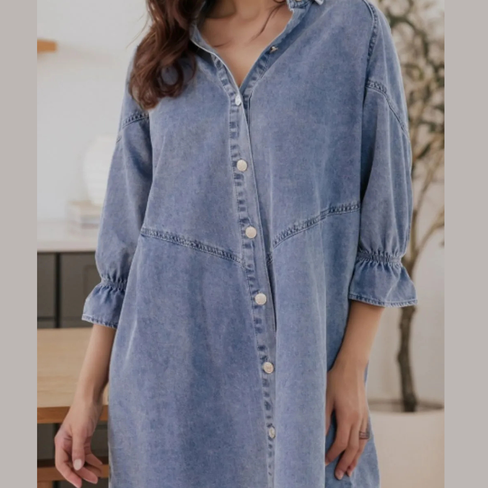 Distressed Collared Neck Flounce Sleeve Denim Dress