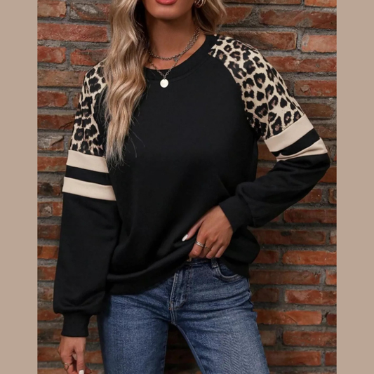 Leopard Raglan Sleeve Striped Sweatshirt