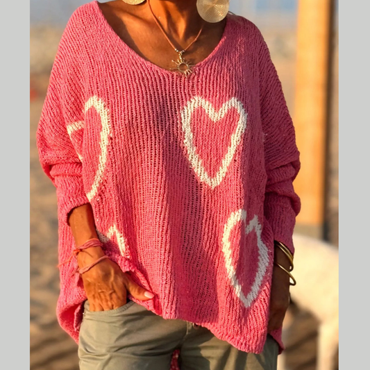 Heart V-Neck Dropped Shoulder Sweater