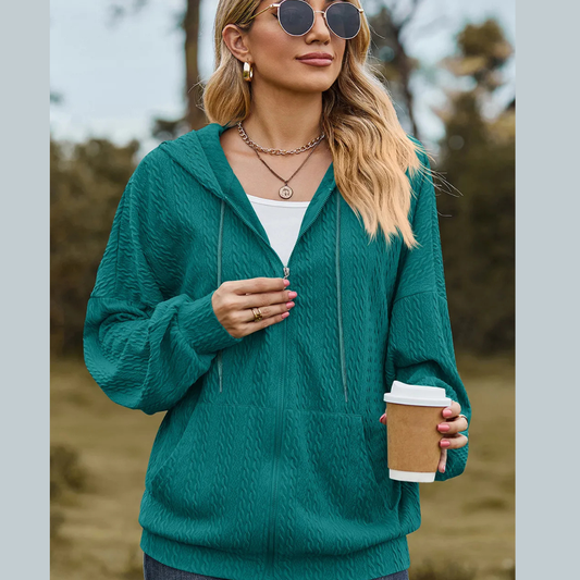 Drawstring Zip Up Dropped Shoulder Hoodie