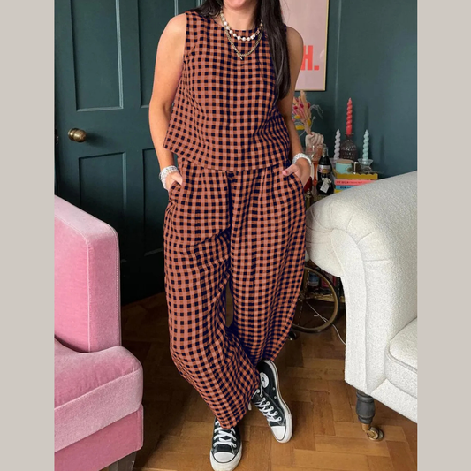 Lovelet Plaid Round Neck Sleeveless Top and Pants Set
