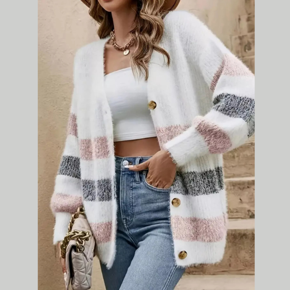 Striped Fuzzy Knit Button-Up Cardigan