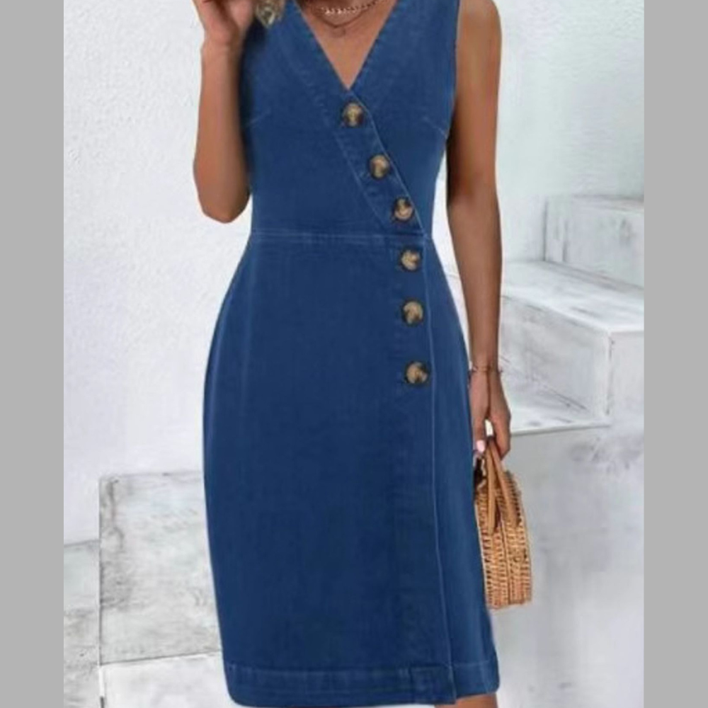 Button-Front Casual Sleeveless Denim Dress
