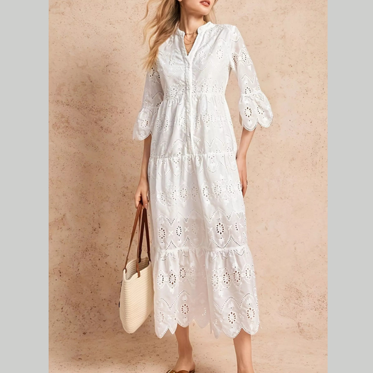 Eyelet Notched Tiered Midi Dress