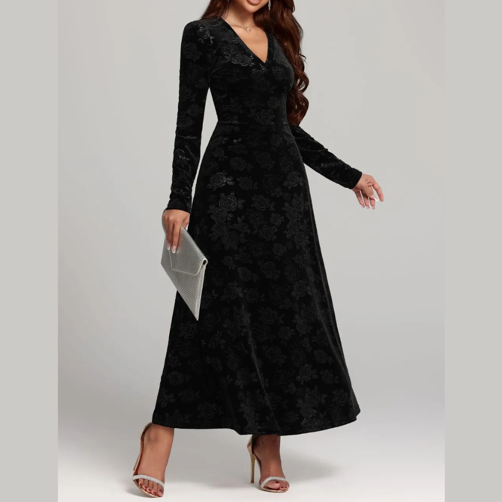 Rose Print V-Neck Long Sleeve Dress