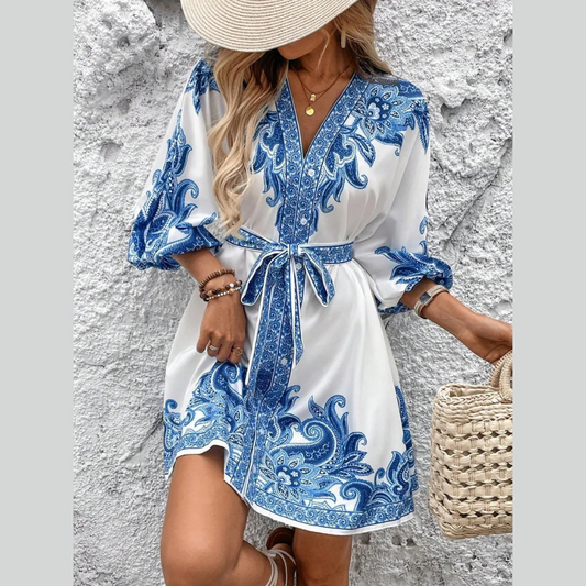 Paisley V-Neck 3/4 Sleeve Mini Dress