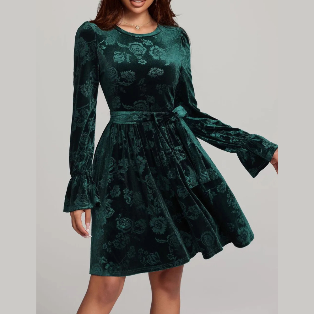 Tied Flower Print Round Neck Flounce Sleeve Dress