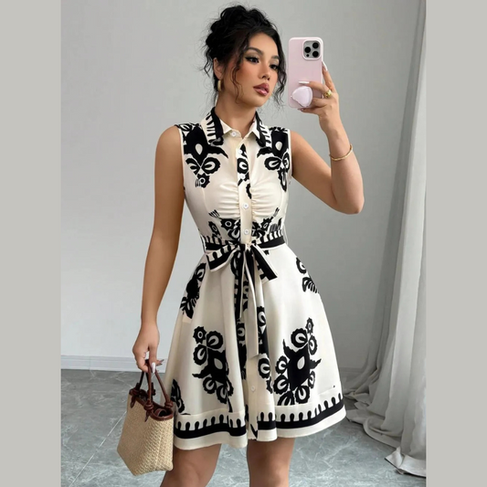 Printed Sleeveless Button Front Dress