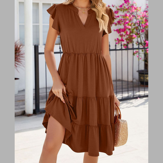Ruffled Notched Tiered Midi Dress