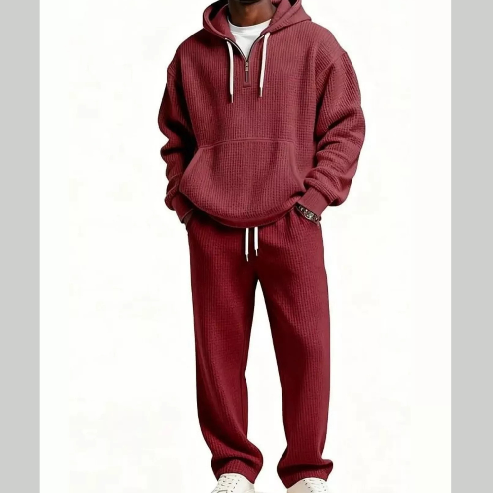 Men's Full Size Casual Waffle Knit Hoodie and Pants Set Plus Size