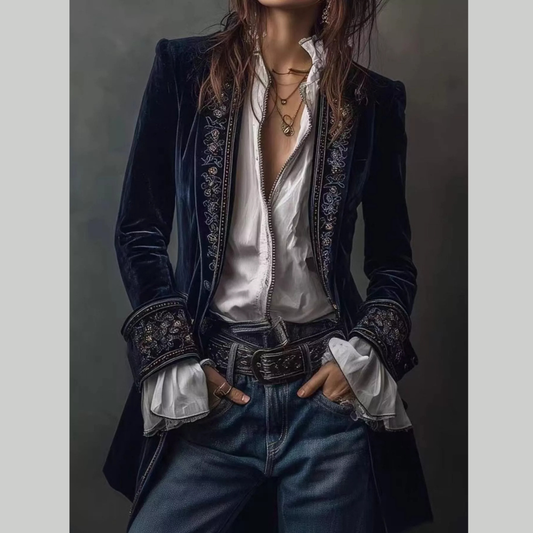 Embroidered Velvet Long Sleeve Outerwear