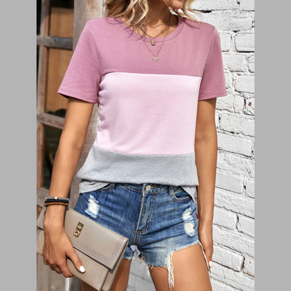 Color Block Round Neck Short Sleeve T-Shirt