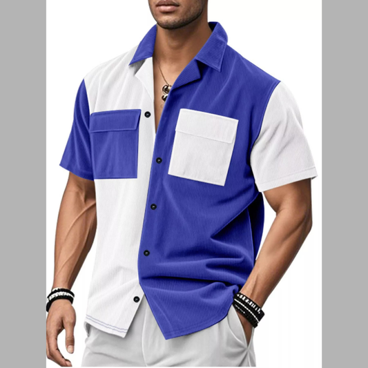 Men's Full Size Color Block Corduroy Short Sleeve Shirt Plus Size