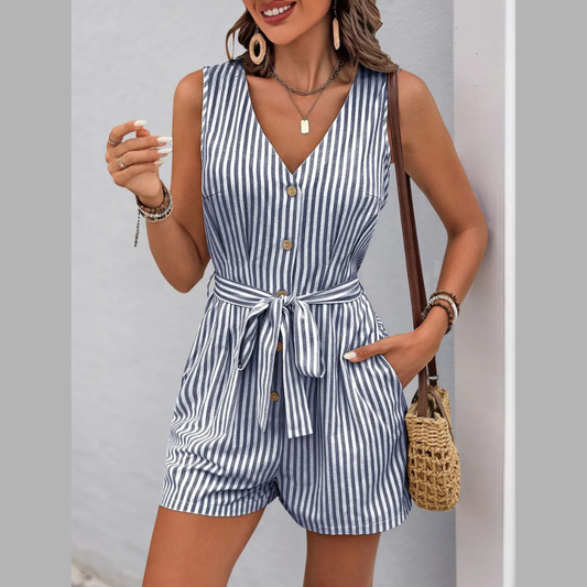 Perfee Striped V-Neck Tie Waist Romper