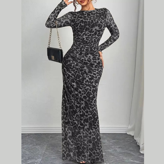 Leopard Ruched Bodycon Maxi Dress