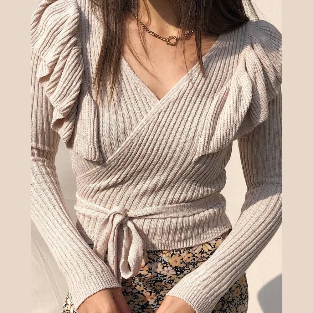 Ruffled Surplice Long Sleeve Knit Top
