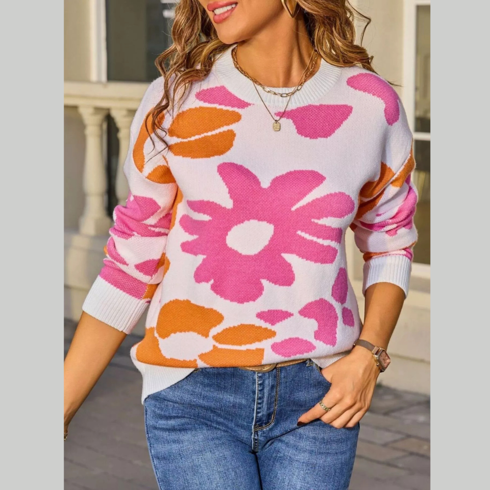 Cozy Floral Crew Neck Long Sleeve Sweater