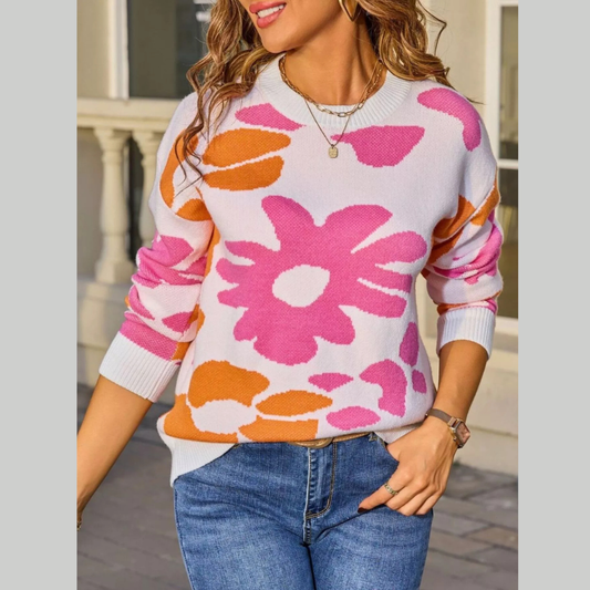 Cozy Floral Crew Neck Long Sleeve Sweater