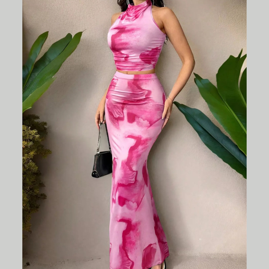Tie-Dye Halter Top and Mermaid Skirt Set