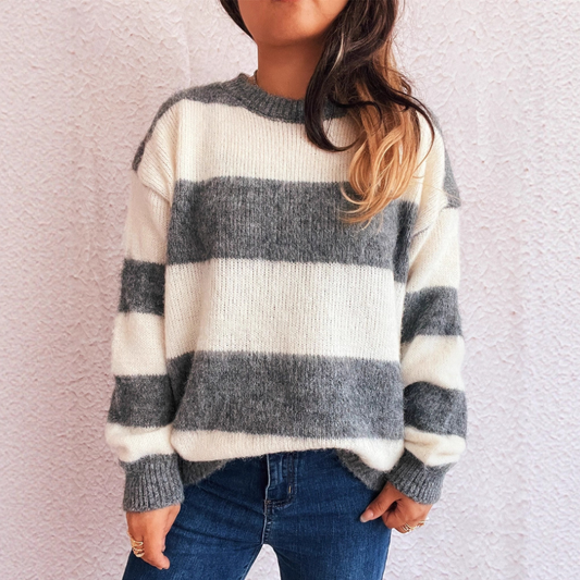 Striped Color Block Knitted Round Neck Chic Casual Loose Sweater