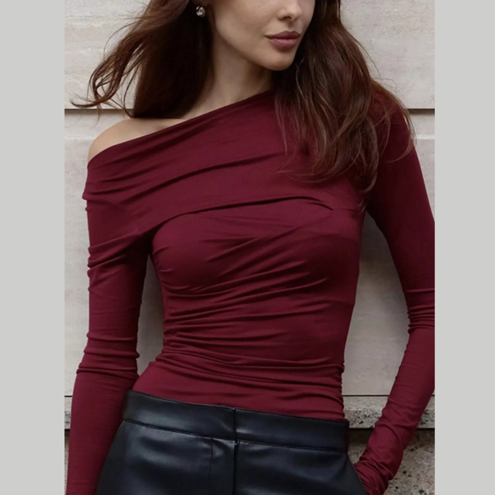 Off-Shoulder Ruched Long Sleeve T-Shirt