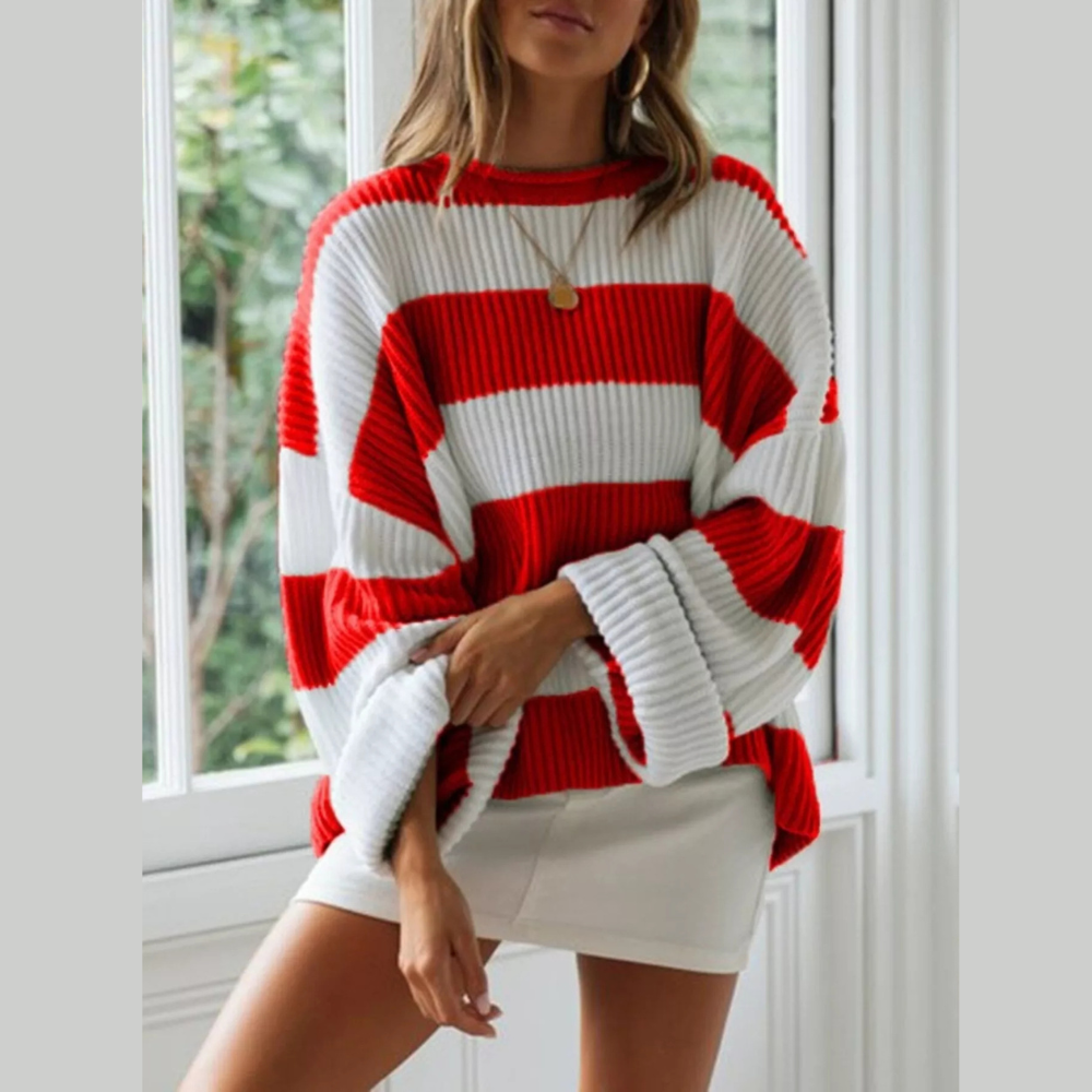 Full Size Contrast Striped Round Neck Sweater Plus Size