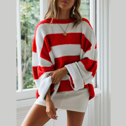 Full Size Contrast Striped Round Neck Sweater Plus Size