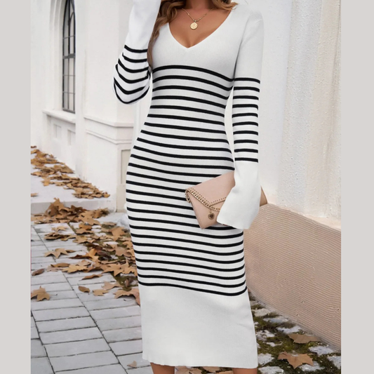 Devine Striped V-Neck Long Sleeve Sweater Dress