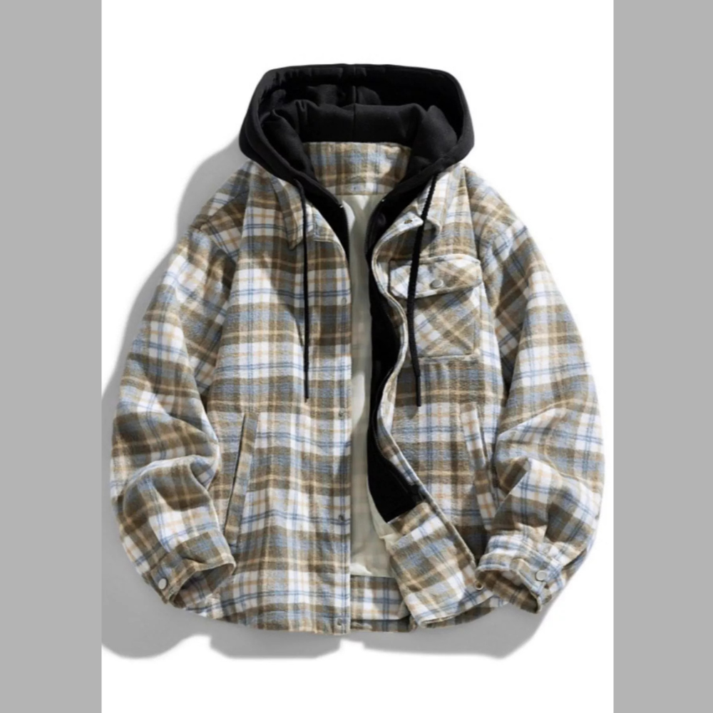 Men's Plus Size Drawstring Hooded Plaid Shirt Jacket