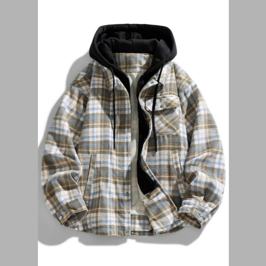 Men's Plus Size Drawstring Hooded Plaid Shirt Jacket