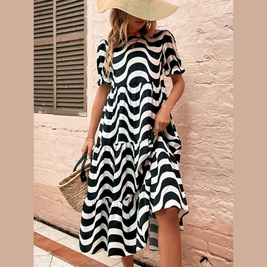 Wavy Striped Round Neck Short Sleeve Dress