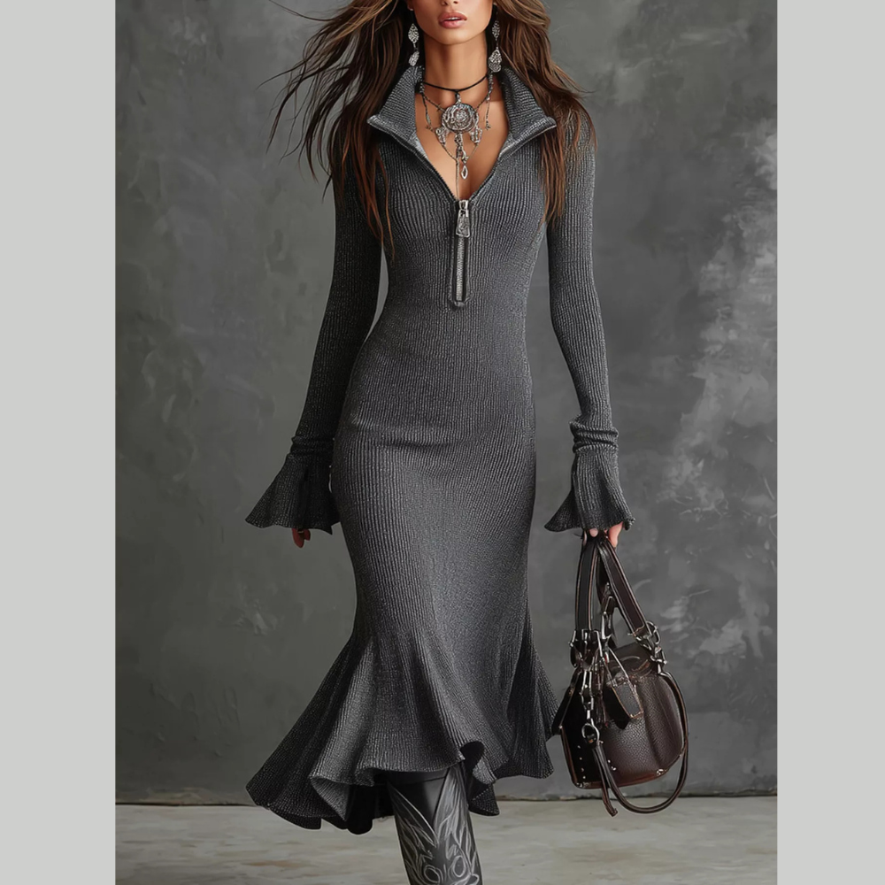 Ribbed Knit Zip Front Flare Hem Midi Dress