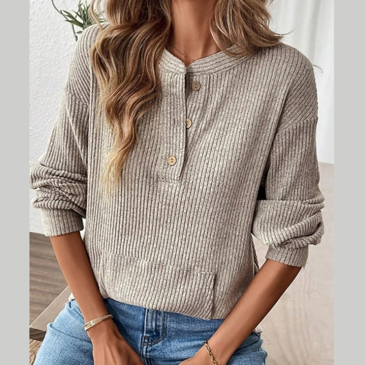 Ribbed Button Detail Long Sleeve T-Shirt