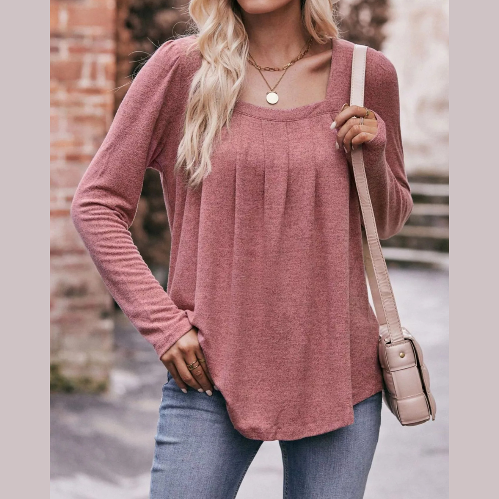 Pleated Square Neck Long Sleeve T-Shirt