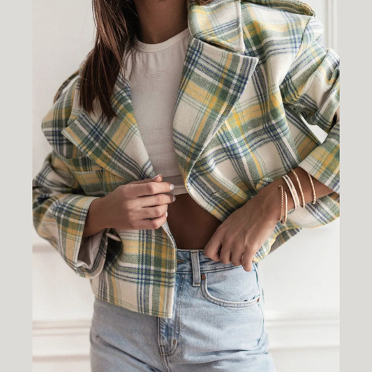 Lapel Collar Plaid Cropped Jacket