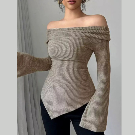 Off-Shoulder Bell Sleeve Ribbed Blouse