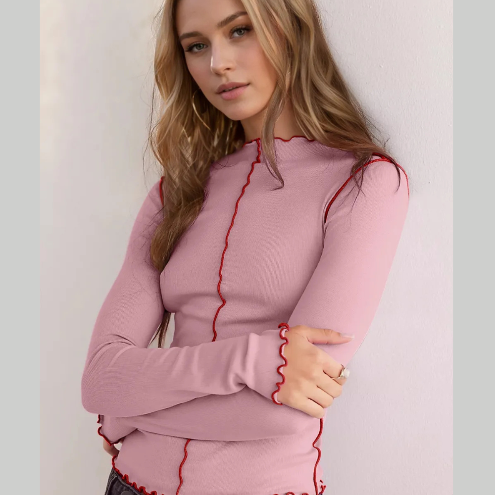 Basic Bae Contrast Trim Mock Neck Long Sleeve T-Shirt
