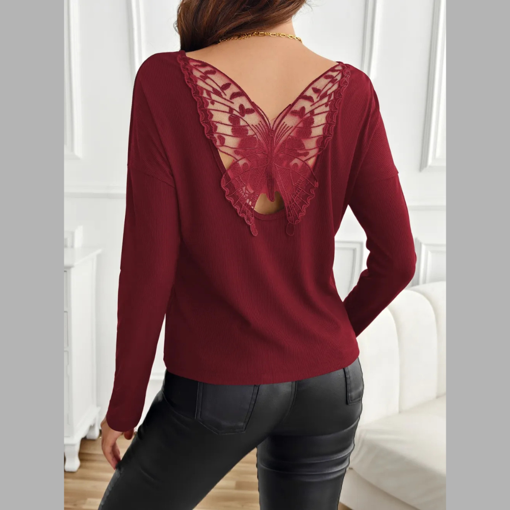 Lace Detail Butterfly Back Round Neck Long Sleeve T-Shirt