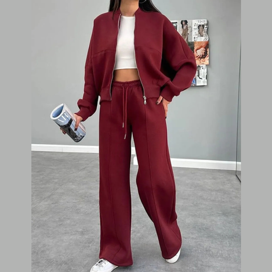 Baseball Collar Zip Up Outerwear and Drawstring Pants Set