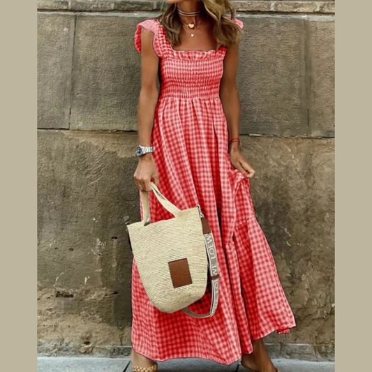 Full Size Gingham Smocked Ruffle Maxi Dress Plus Size