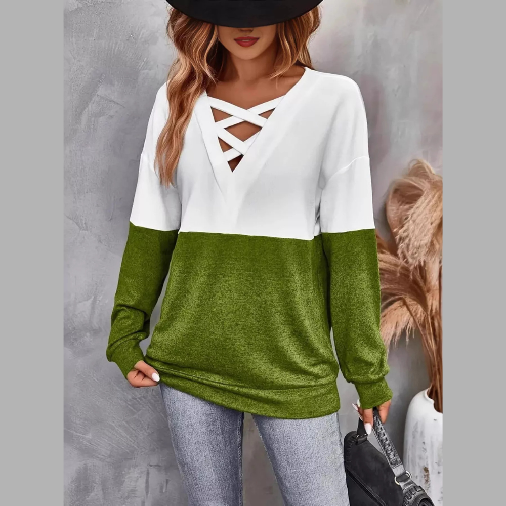Crisscross V-Neck Color Block Long Sleeve T-Shirt