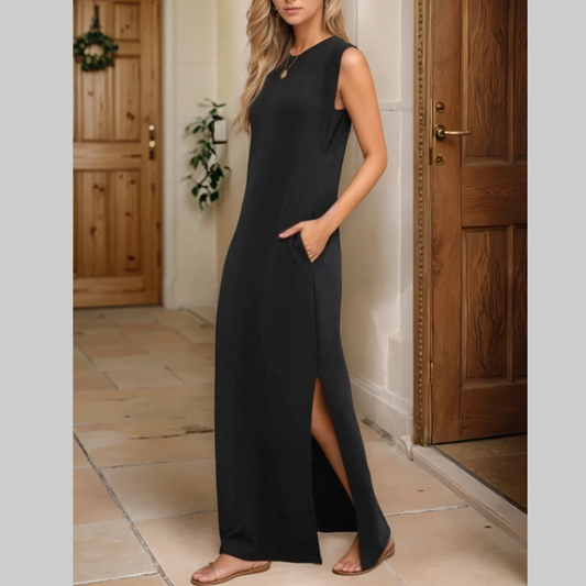 Full Size Slit Round Neck Sleeveless Maxi Tank Dress Plus Size