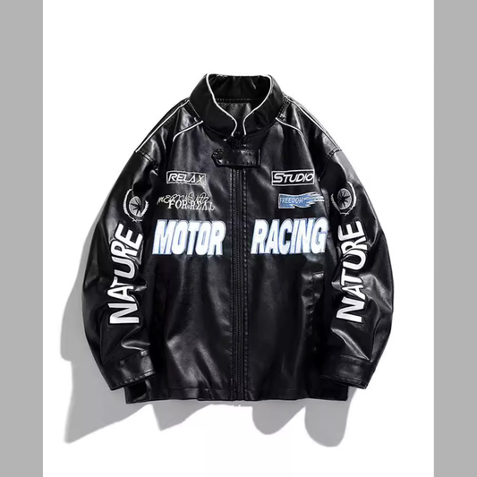 Men's Plus Size Zip Up Motor Racing Leather Jacket