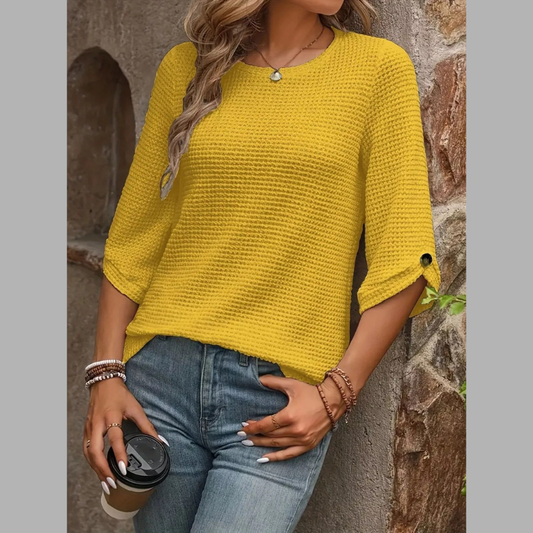 Textured Waffle Knit Three-Quarter Sleeve T-Shirt