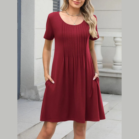 Pleated Front Round Neck Swing Dress