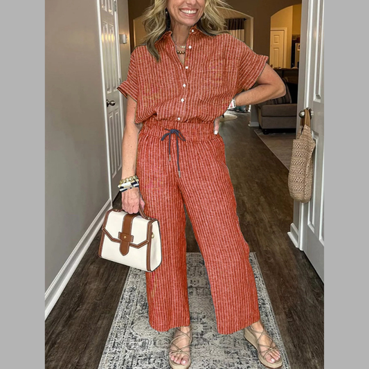 Full Size Striped Button-Up Shirt and Wide Leg Pants Casual Set Plus Size
