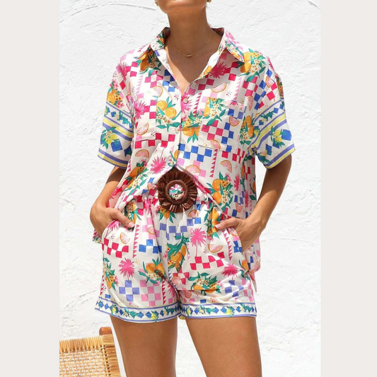 Printed Button Down Short Sleeve Top and Shorts Set