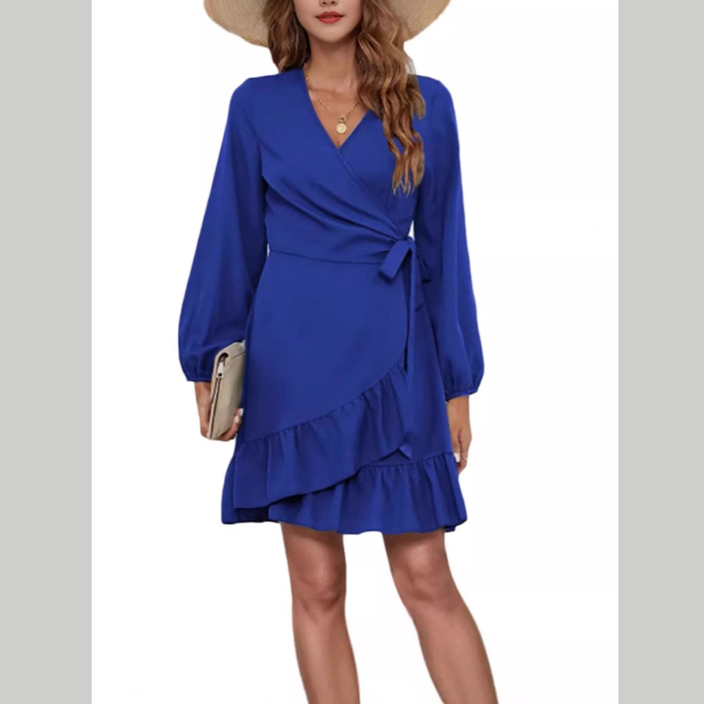 Ruffle Hem Long Sleeve Wrap Dress