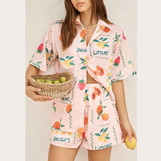 Printed Button Down Shirt and Shorts Set