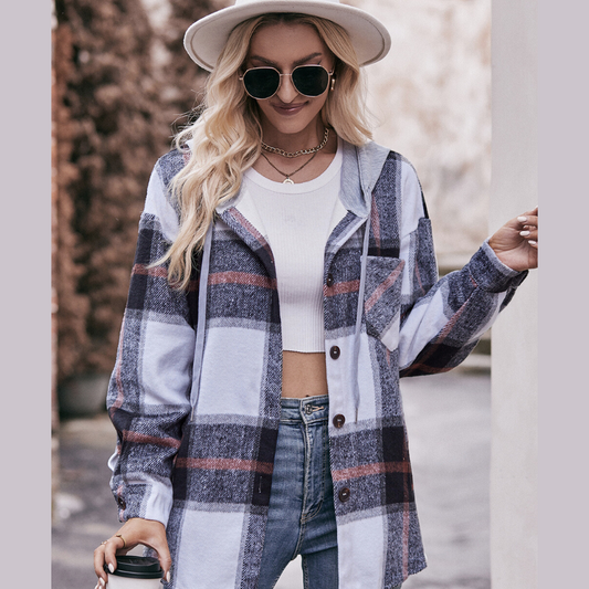 Mandy Plaid Dropped Shoulder Hooded Jacket